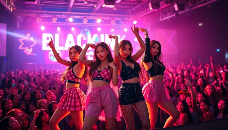 BLACKPINK news showcasing the members performing energetically on stage with vibrant lights.