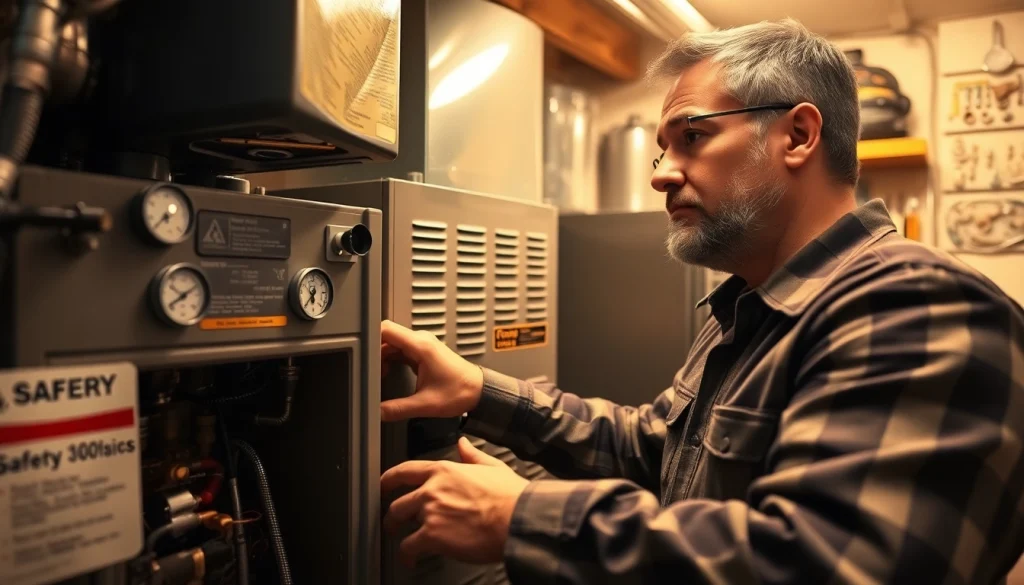 Technician providing furnace repair poughquag services in a residential basement setting.