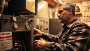 Technician providing furnace repair poughquag services in a residential basement setting.