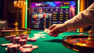 Gambling action on 7upbet casino table with cards and chips in a luxurious setting.