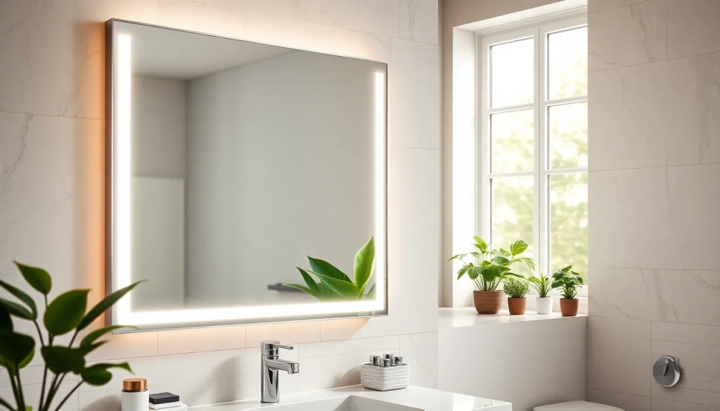 Stylish bathroom mirror with LED light enhancing modern decor and ambiance.