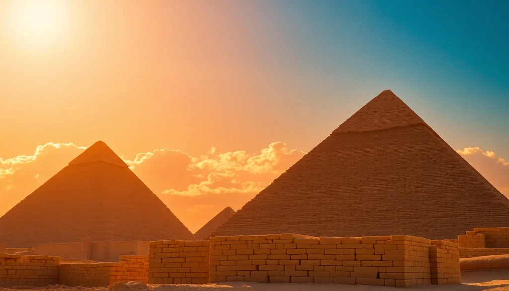 View the stunning piraminds against a vibrant sunset, highlighting their ancient grandeur.