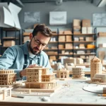 Architekturmodellbau Stuttgart zeigt einen Handwerker, der sorgfältig ein detailliertes Architekturmodell erstellt.