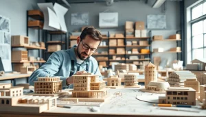 Architekturmodellbau Stuttgart zeigt einen Handwerker, der sorgfältig ein detailliertes Architekturmodell erstellt.