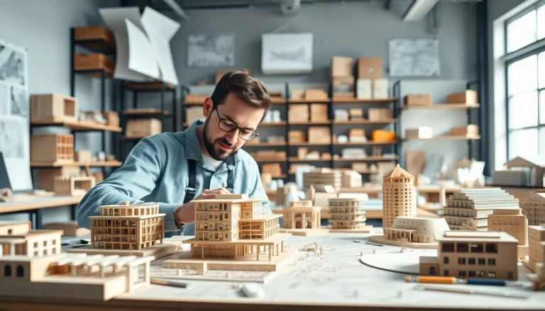 Architekturmodellbau Stuttgart zeigt einen Handwerker, der sorgfältig ein detailliertes Architekturmodell erstellt.
