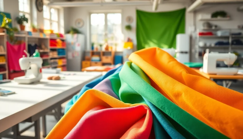 Toepassen van hydrofiele stof in een creatieve textielstudio met kleurrijke stoffen.