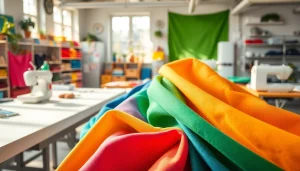 Toepassen van hydrofiele stof in een creatieve textielstudio met kleurrijke stoffen.