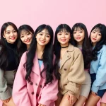 blackpink members in stylish attire posing together in a vibrant studio setting