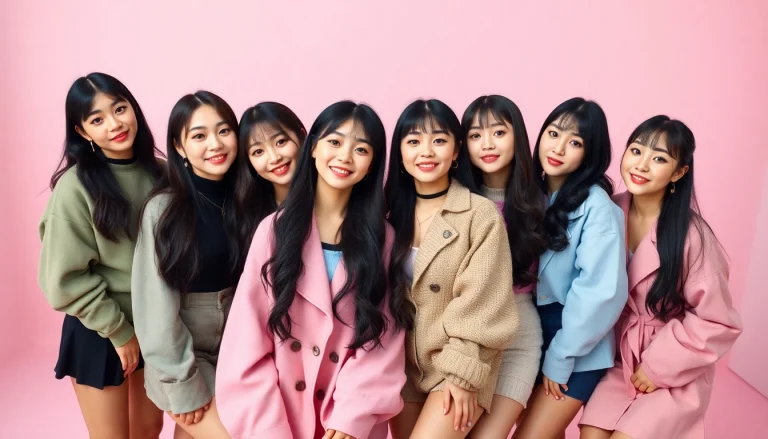 blackpink members in stylish attire posing together in a vibrant studio setting