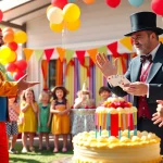 Engaging birthday party entertainers captivating children at a festive outdoor party.