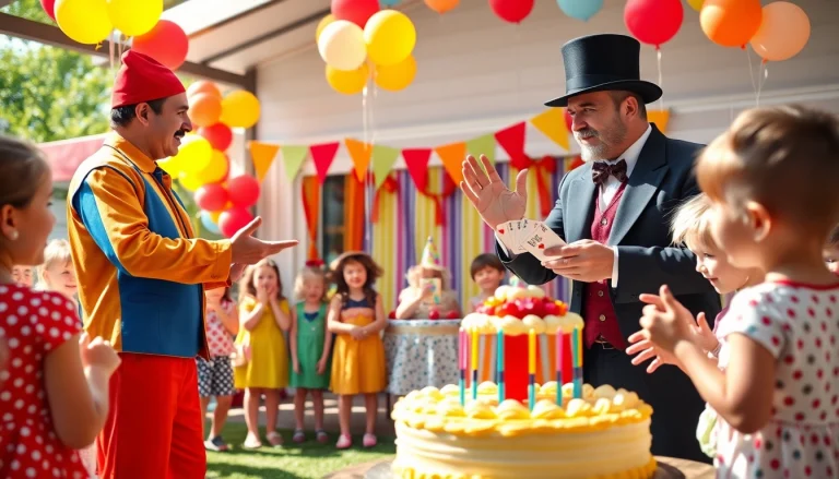 Engaging birthday party entertainers captivating children at a festive outdoor party.