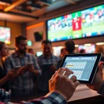 1win reyler platform displayed on a tablet among sports enthusiasts in a lively bar.