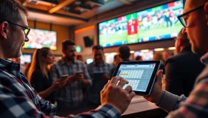 1win reyler platform displayed on a tablet among sports enthusiasts in a lively bar.