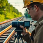 Conducting Track Inpection with advanced tools in a lush railway setting.