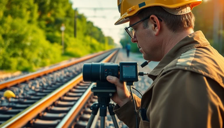 Conducting Track Inpection with advanced tools in a lush railway setting.