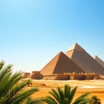 Explore the towering piraminds of Giza set against a bright blue sky with palm trees.