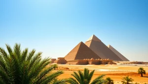 Explore the towering piraminds of Giza set against a bright blue sky with palm trees.