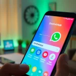 FM WhatsApp download on smartphone showcasing vibrant app interface and modern workspace.
