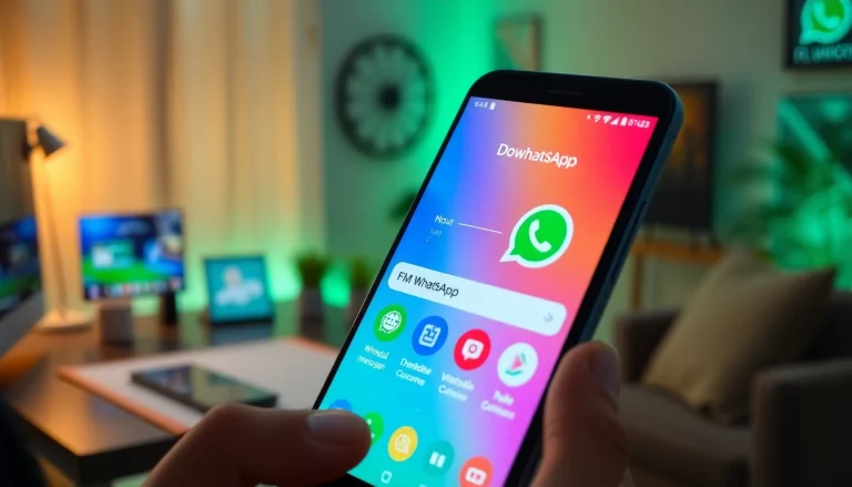 FM WhatsApp download on smartphone showcasing vibrant app interface and modern workspace.