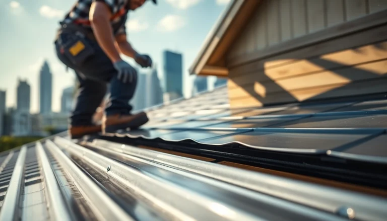 Metal roofing Toronto installation highlighting craftsmanship and urban backdrop.