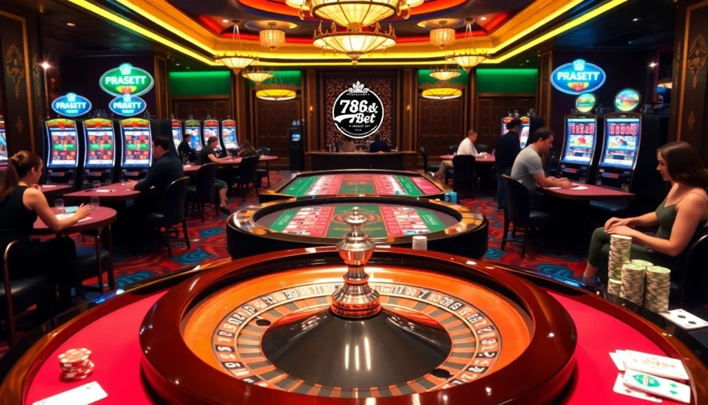 Experience the excitement of gambling at https://789bet.tours/ with vibrant casino tables and a roulette wheel.