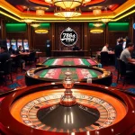 Experience the excitement of gambling at https://789bet.tours/ with vibrant casino tables and a roulette wheel.