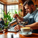 Köstlicher Kaffee im Coffee Shop Verband Lloret de Mar wird von einem Barista zubereitet.