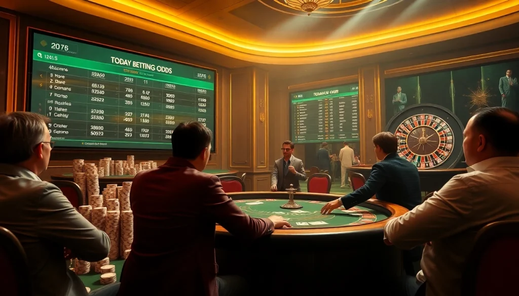 Engaging gamblers assess tỷ lệ kèo nhà cái hôm nay in a vibrant casino setting filled with excitement.