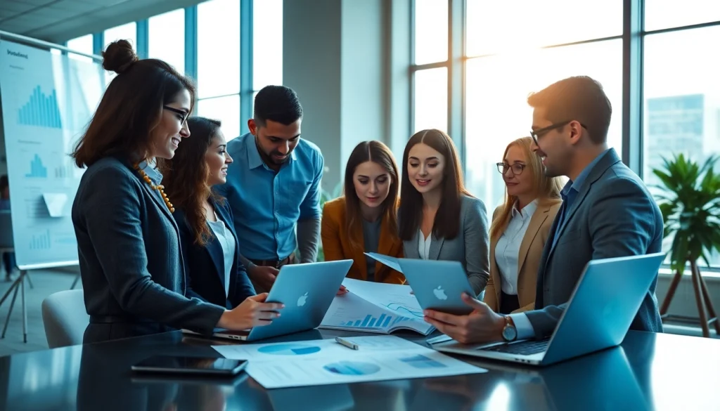 Outsource sales team collaborating in a modern office environment, showcasing teamwork and focus.