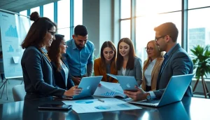 Outsource sales team collaborating in a modern office environment, showcasing teamwork and focus.