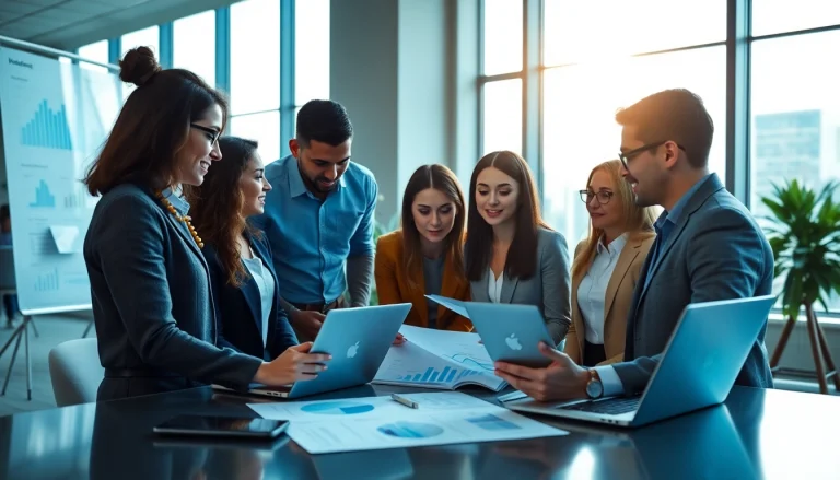 Outsource sales team collaborating in a modern office environment, showcasing teamwork and focus.