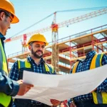 Engaged professionals in careers in construction collaborating on a busy site.