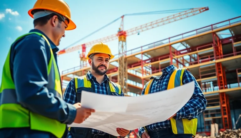 Engaged professionals in careers in construction collaborating on a busy site.