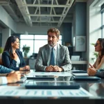 Crisis management consultant leading a strategic session with a team in a modern office.