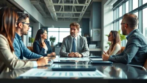 Crisis management consultant leading a strategic session with a team in a modern office.