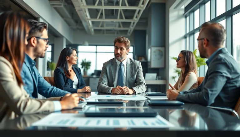 Crisis management consultant leading a strategic session with a team in a modern office.