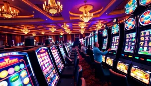 Memikat pemain di mesin slot pulsa berwarna-warni dalam suasana kasino mewah.