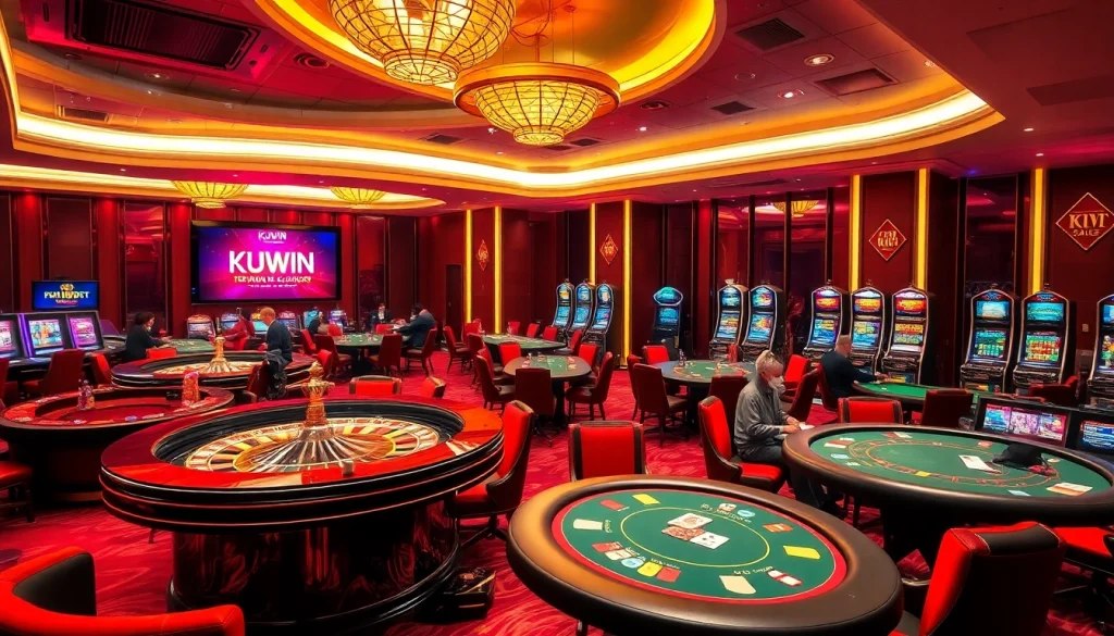 KUWIN gaming area featuring a vibrant casino atmosphere with roulette wheel, poker tables, and colorful slot machines