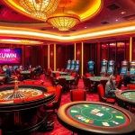 KUWIN gaming area featuring a vibrant casino atmosphere with roulette wheel, poker tables, and colorful slot machines