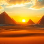 Explore the majestic piraminds at sunset, showcasing their grandeur against the desert backdrop.