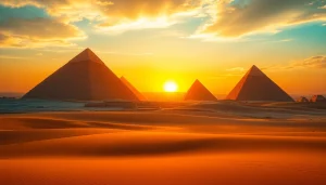 Explore the majestic piraminds at sunset, showcasing their grandeur against the desert backdrop.