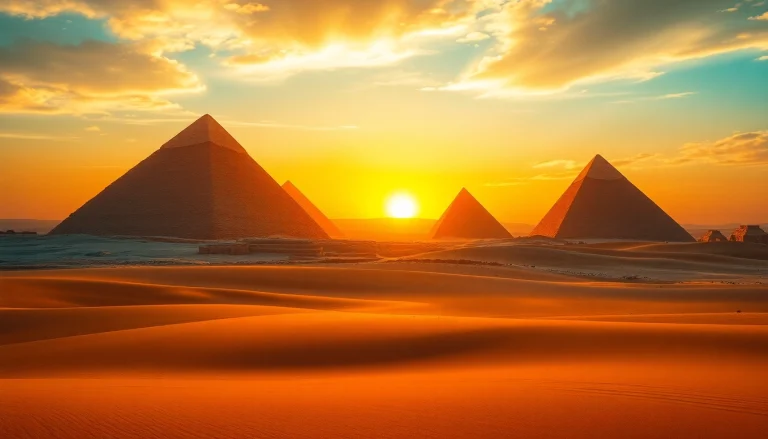Explore the majestic piraminds at sunset, showcasing their grandeur against the desert backdrop.