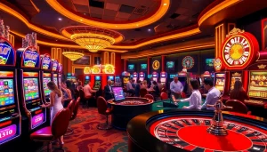 Engage in the excitement of vn168 đăng nhập at a vibrant casino with players celebrating wins and digital interfaces.