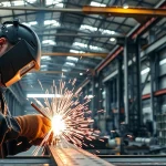 Skilled structural steel welding in an industrial setting with bright sparks flying.