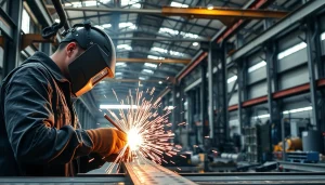 Skilled structural steel welding in an industrial setting with bright sparks flying.
