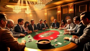 Experience high-stakes poker at the top club with vibrant chips and luxurious gaming tables.