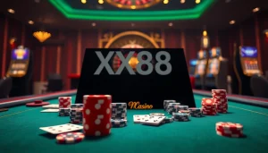 Experience the excitement of XX88 with a modern casino scene featuring poker chips and roulette.