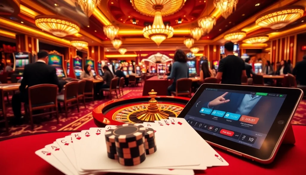 Exciting casino scene featuring players at tables, highlighting trang chủ thabet's luxury gambling experience.