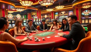 Poker players engaging with chips while enjoying lk21 indoxxi-inspired gaming ambiance in a luxurious casino.