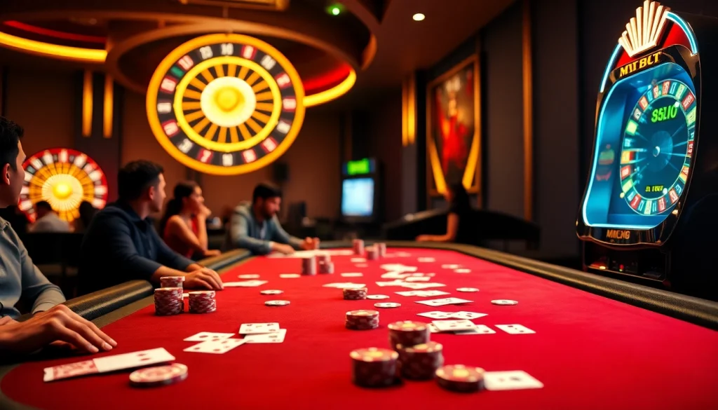 MM88 casino atmosphere with players at poker table and a vibrant slot machine.